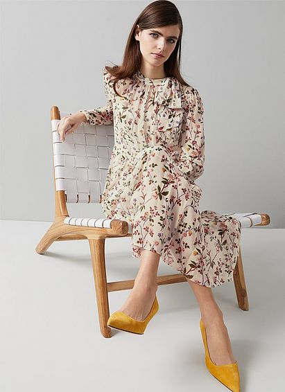 Gish Cream Silk Apple Blossom Print Dress