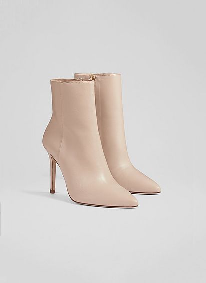 Cleo Latte Leather Pointed Stiletto Ankle Boots