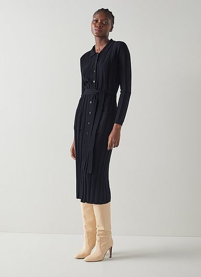 Ali Navy Wool-Cotton Ribbed Knit Dress
