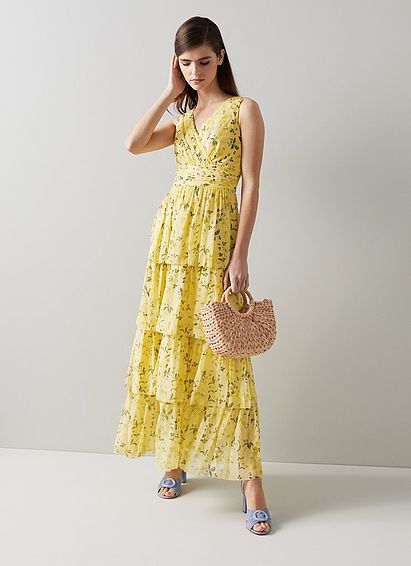 Bower Yellow Silk Apple Blossom Print Maxi Dress