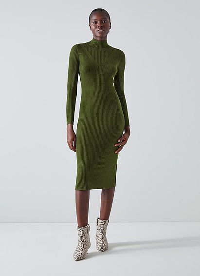 Brigitte Green Merino Wool Ribbed Knitted Dress