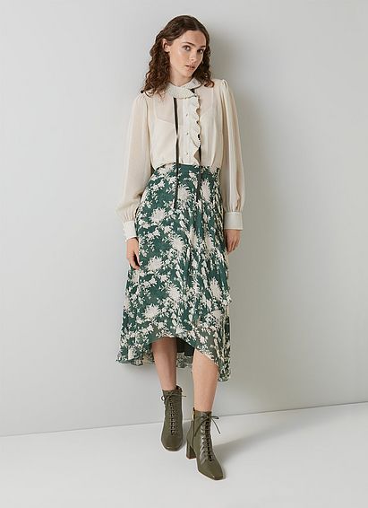 Krasner Green Chrysanthemum Print Georgette Skirt