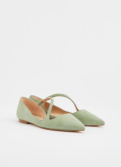 Pandora Green Suede Asymmetric Strap Flats