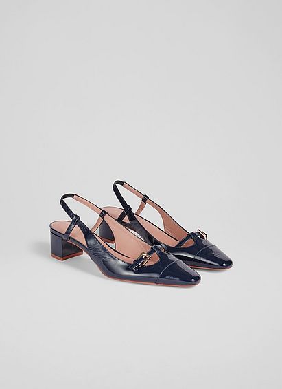 Gracie Navy Patent Block Heel Slingbacks