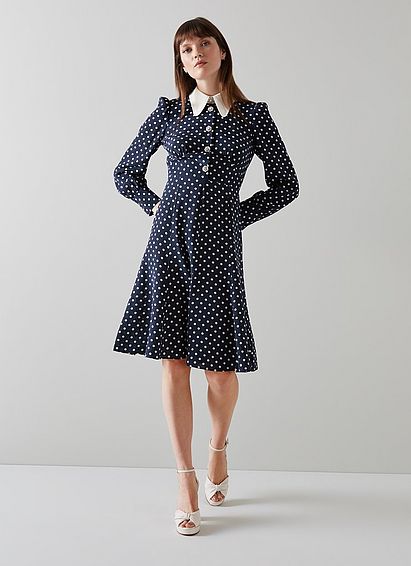 Mathilde Navy & Cream Polka Dot Silk Tea Dress