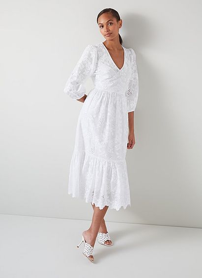 Bronte White Cotton Flower Embroidered Dress
