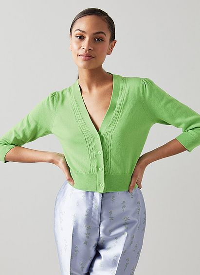 Leonora Green Cotton-Wool Pointelle Trim Cardigan