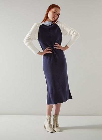 Bergen Navy Merino-Blend Colour Block Jumper Dress