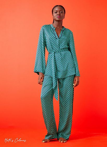 Lucia Green and Navy Geometric Print Trousers