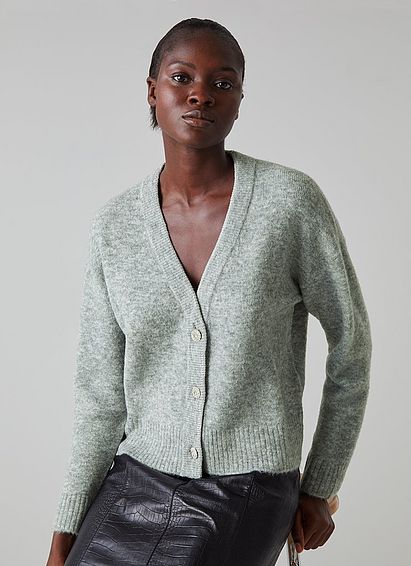 Katharina Grey Wool-Blend Crystal Button Cardigan