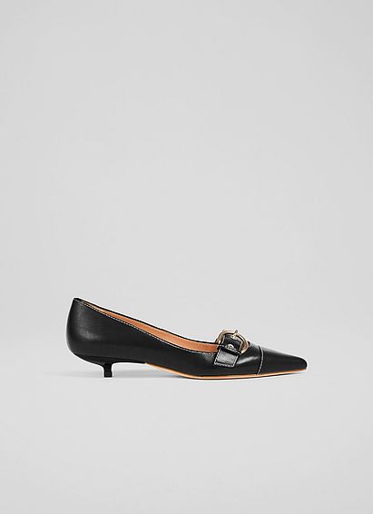 Lianna Black Leather Kitten Heel Courts