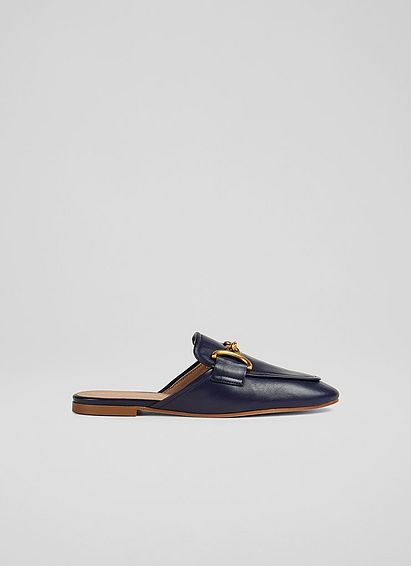 Connie Navy Leather Snaffle-Detail Backless Loafers