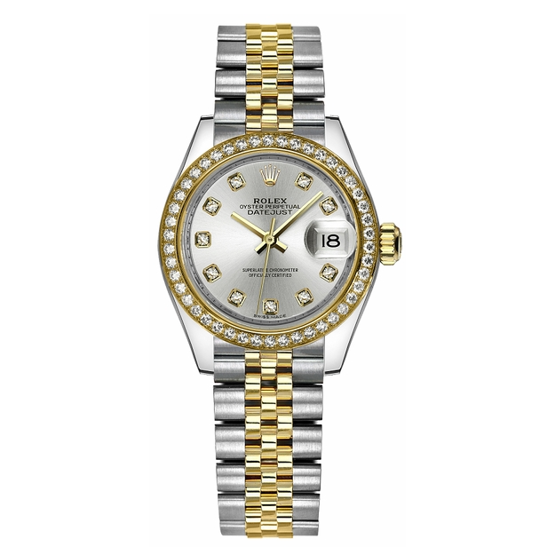 Lady-Datejust met zilveren wijzerplaat en diamanten, 28 mm