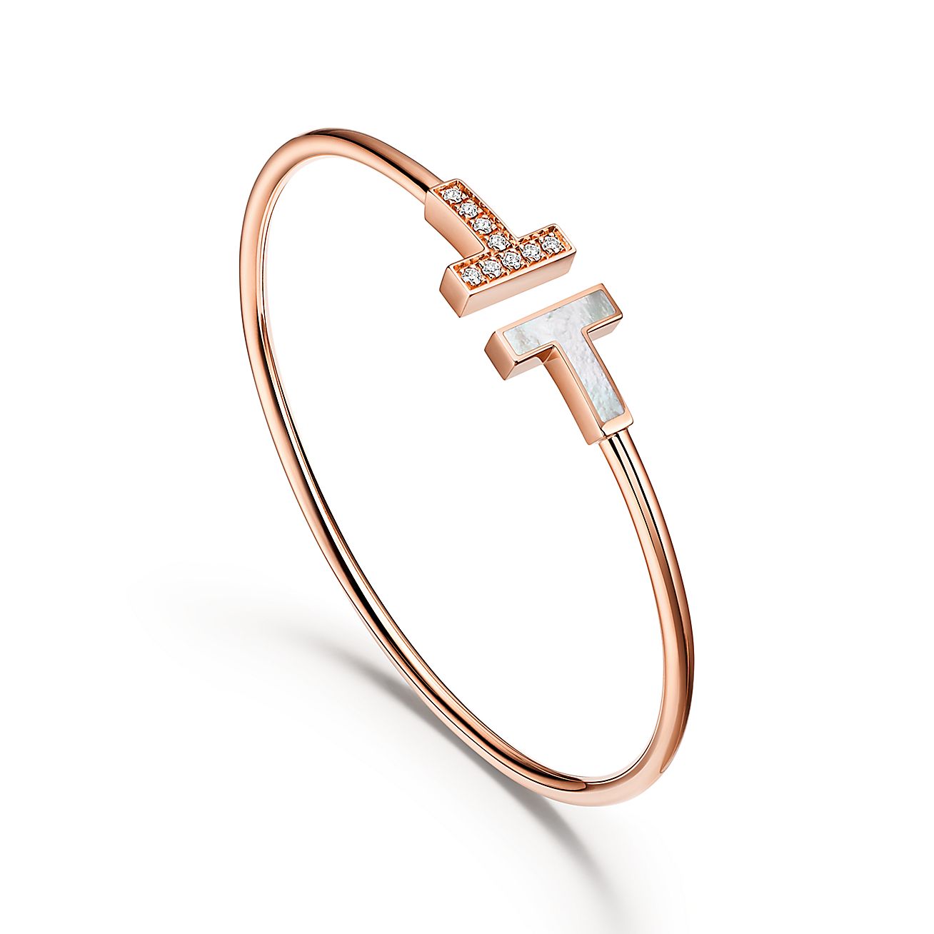 Wire Bracelet in Rose Gold with Diamonds and Mother-of-pearl
