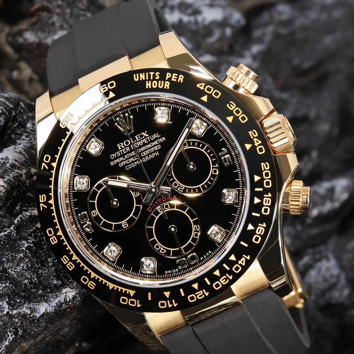 Rolex Daytona Yellow Gold Black-Diamond Oysterflex Strap 116518LN-0046 40mm