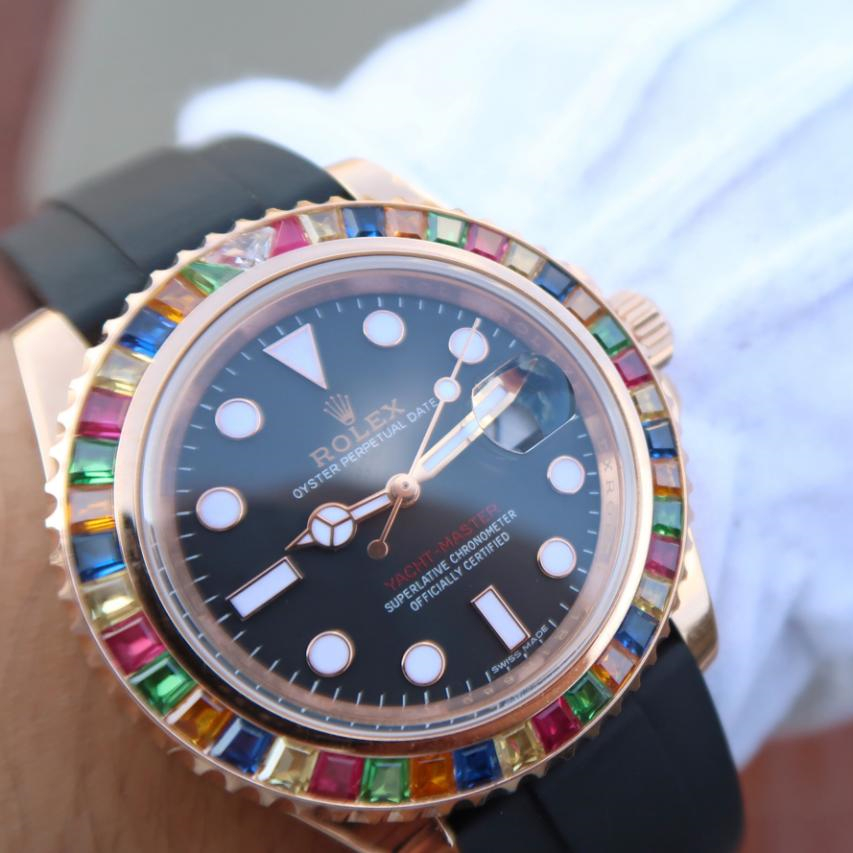 Rolex Yacht-Master 1 Golden Diamond Bezel Black Dial Rubber Strap 40mm