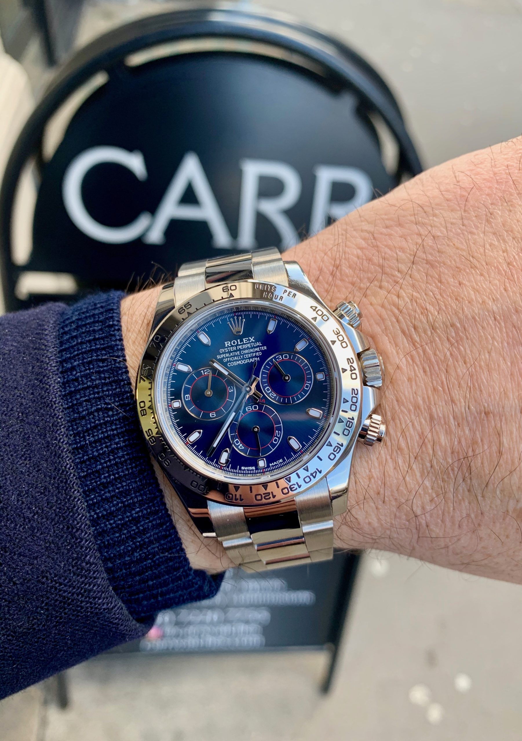 Rolex Daytona Blue Dial White Gold Chronograph Mens Watch 40mm