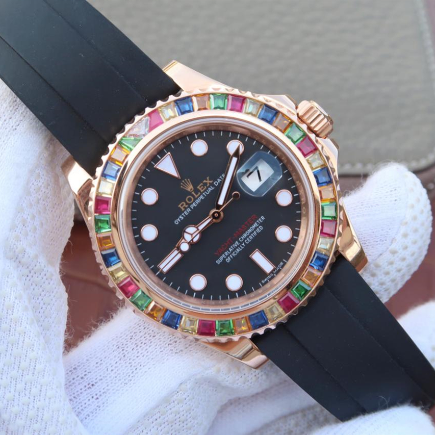 Rolex Yacht-Master 1 Golden Diamond Bezel Black Dial Rubber Strap 40mm
