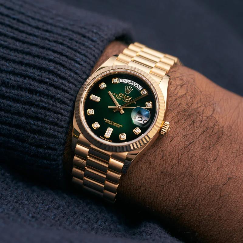 ROLEX Day-Date 40mm Green Ombre Diamond Dial Yellow Gold President Aut