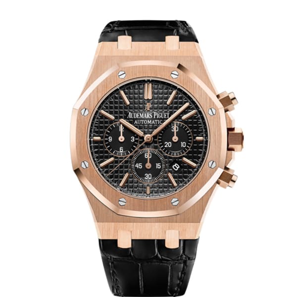 Audemars Piguet Royal Oak Chronograph Black Dial 41mm Pink Gold on Leather Strap Watch