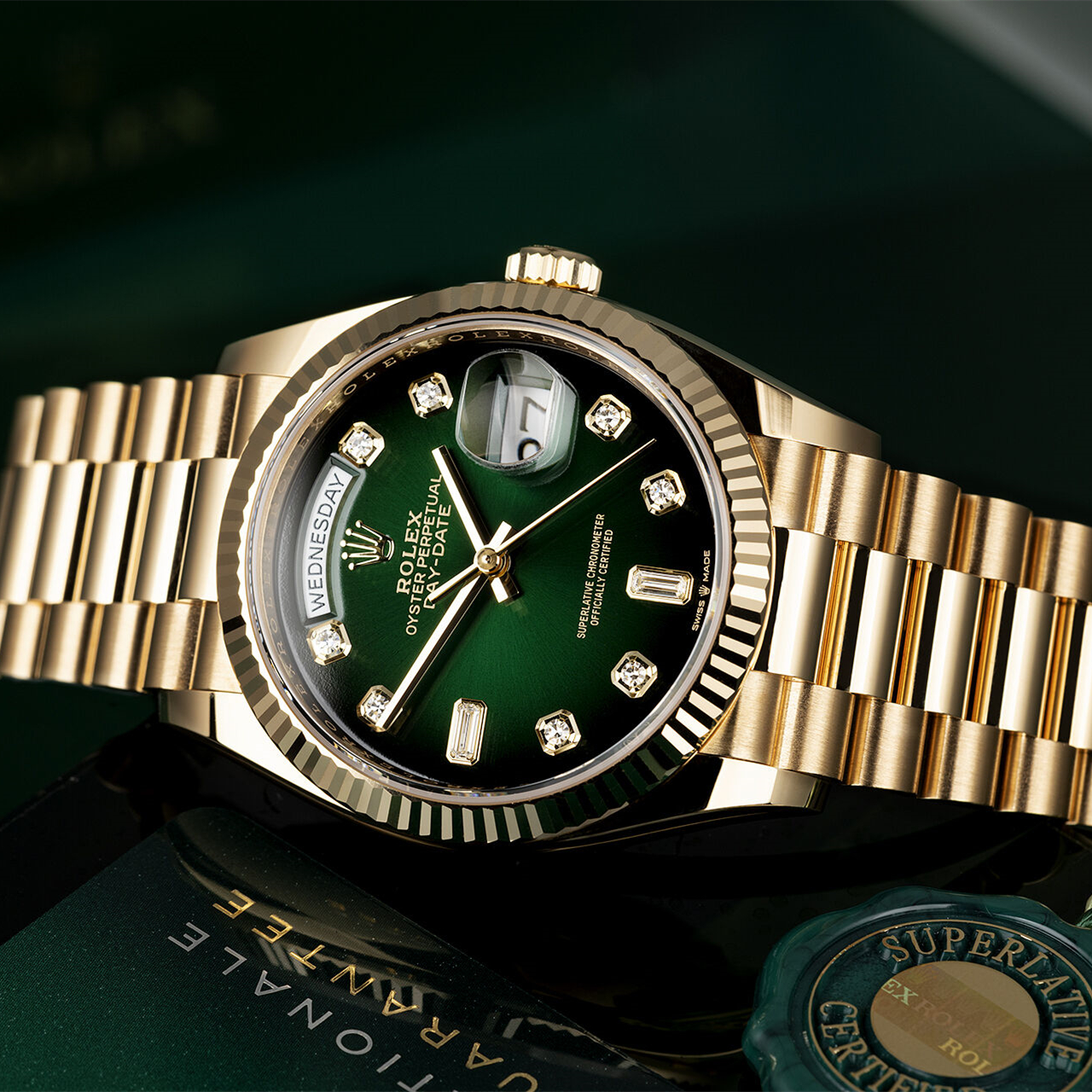 ROLEX Day-Date 40mm Green Ombre Diamond Dial Yellow Gold President Aut