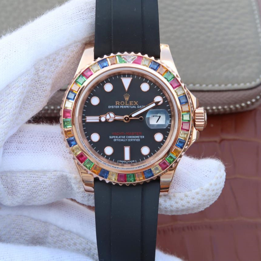 Rolex Yacht-Master 1 Golden Diamond Bezel Black Dial Rubber Strap 40mm