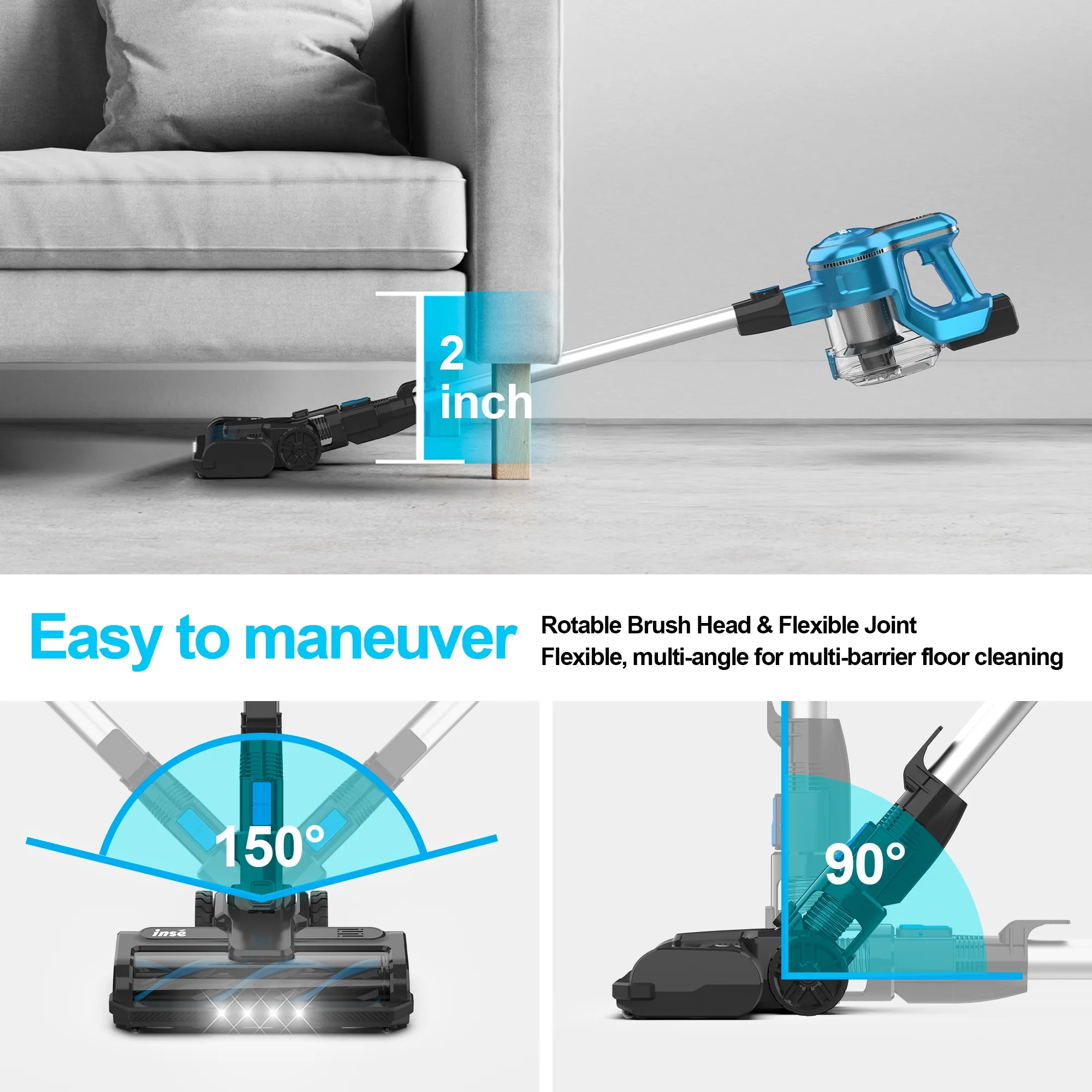 INSE 30Kpa 300W Cordless Vacuum Cleaner with 2 Batteries,Rechargeable