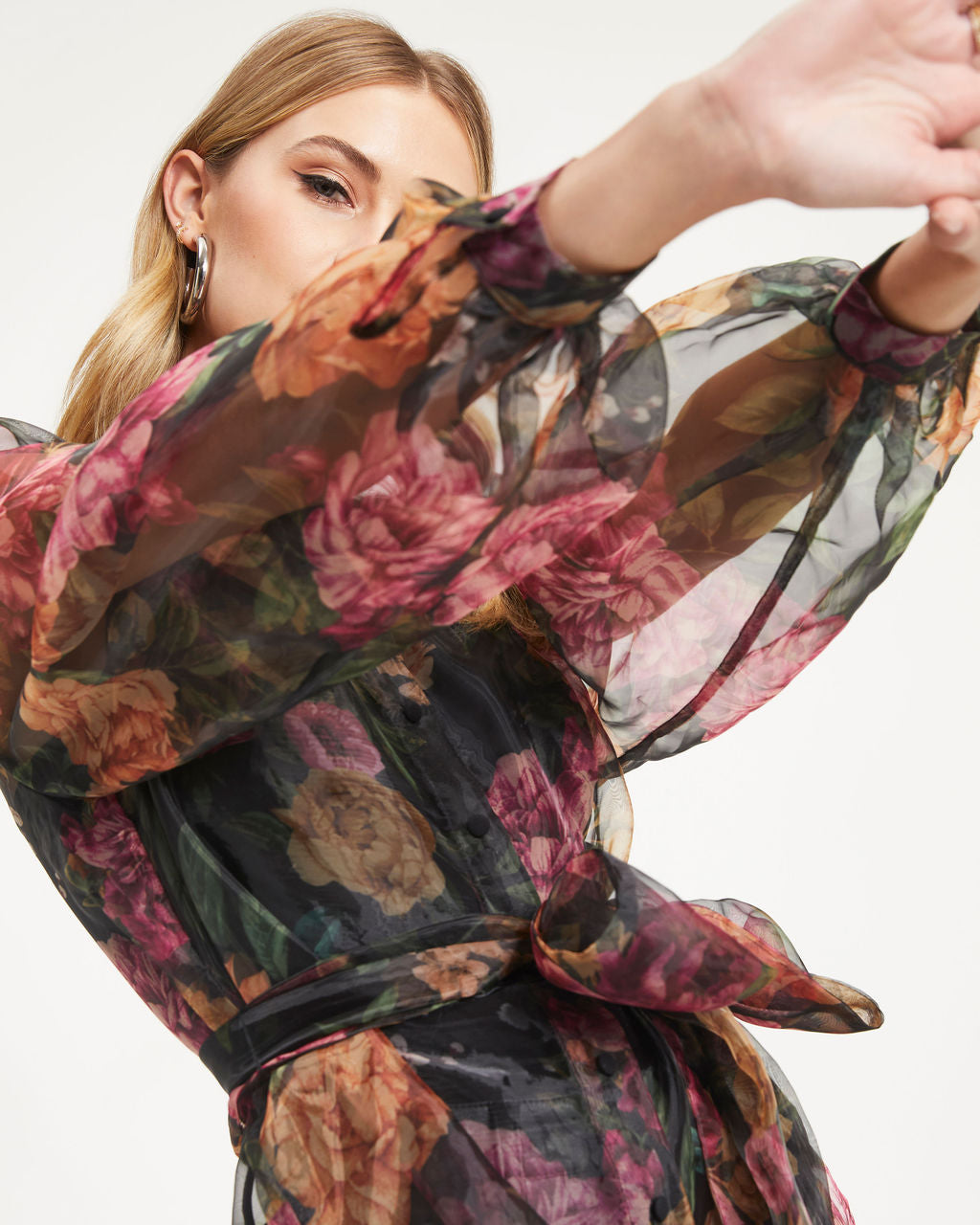 Somewhere In Tuscany Floral Organza Front Tie Button Down Top