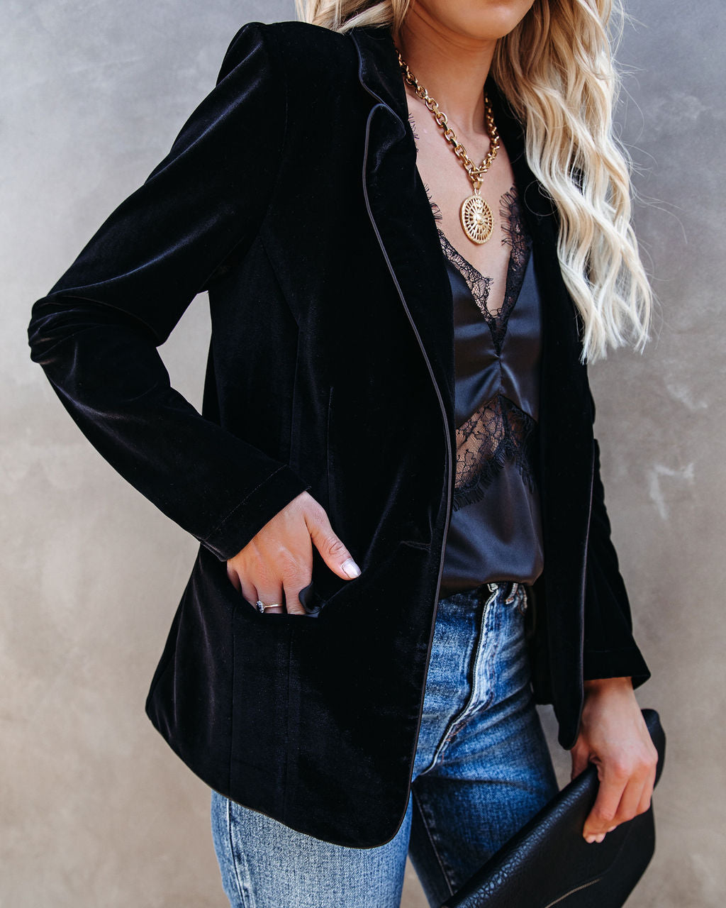 Wine Me And Dine Me Pocketed Velvet Blazer - Black