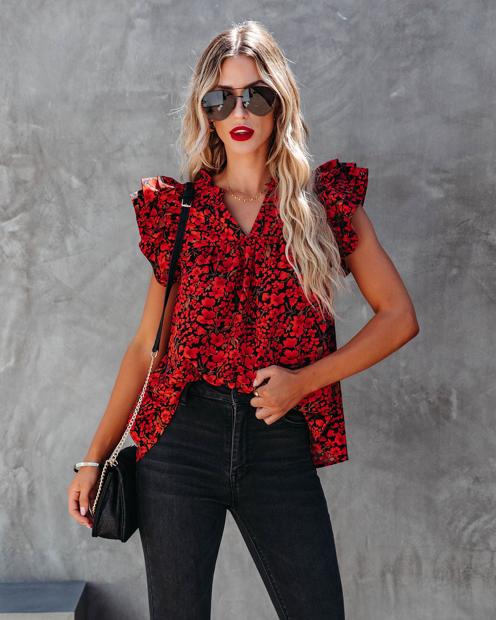 Poppy Fields Ruffle Sleeve Top - Red