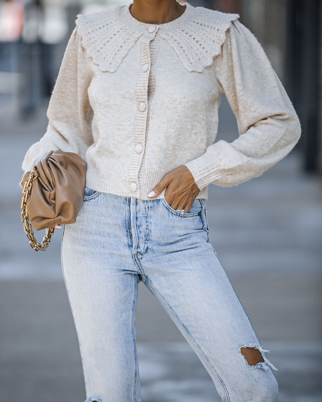 So She Did Collared Knit Cardigan - Oatmeal