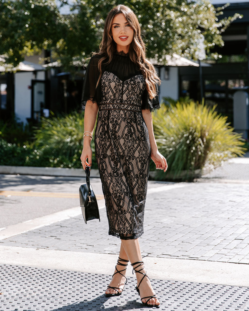 Bring On The Night Lace Chiffon Sleeve Midi Dress - Black