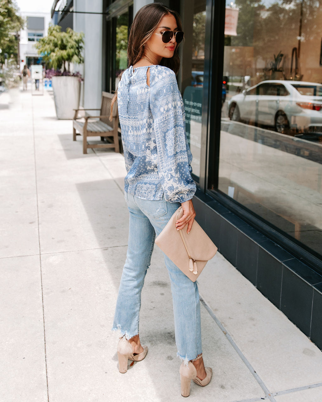 Donna Printed Cutout Top - Ash Blue - FINAL SALE