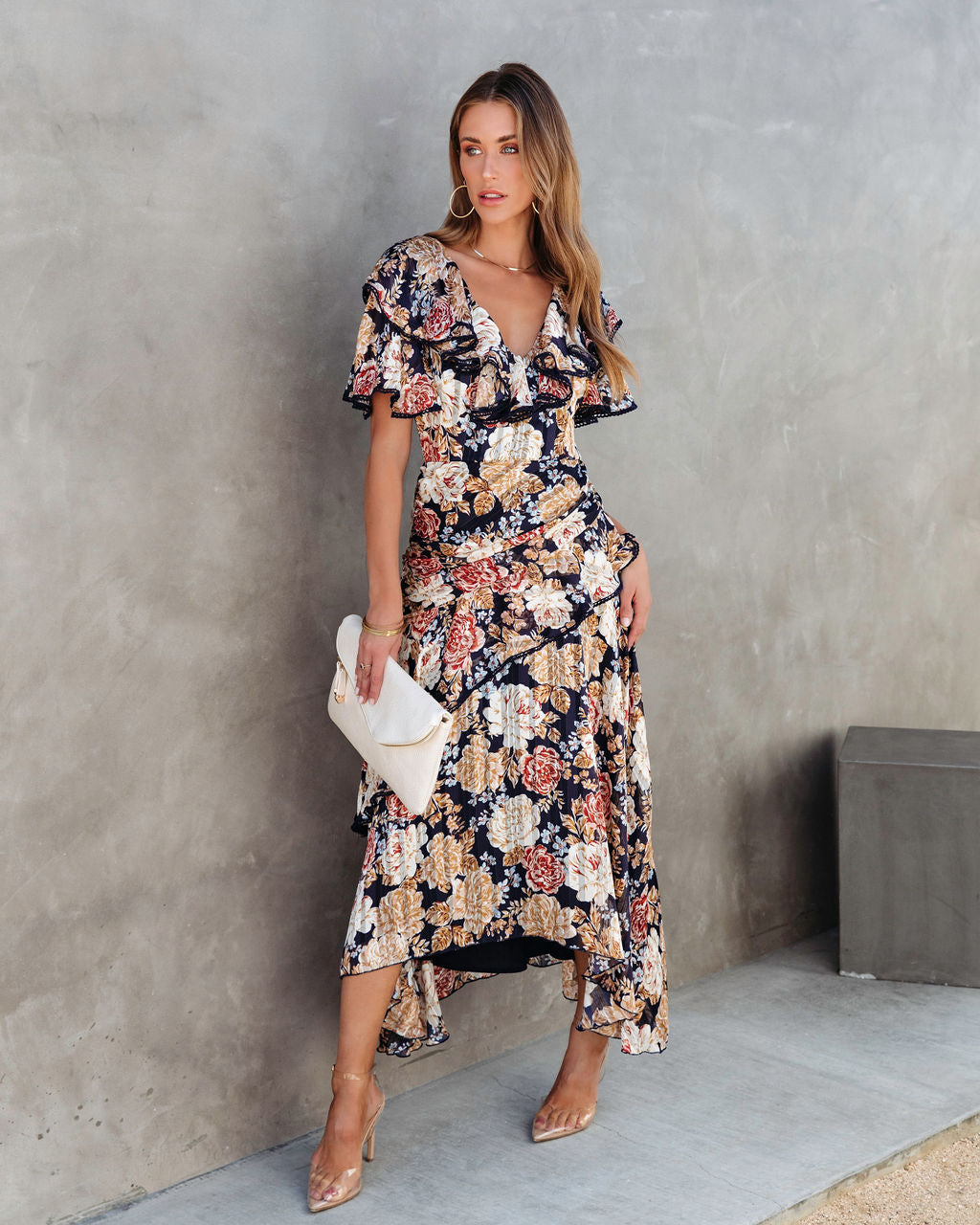 She Deserves A Crown Floral Ruffle Maxi Dress