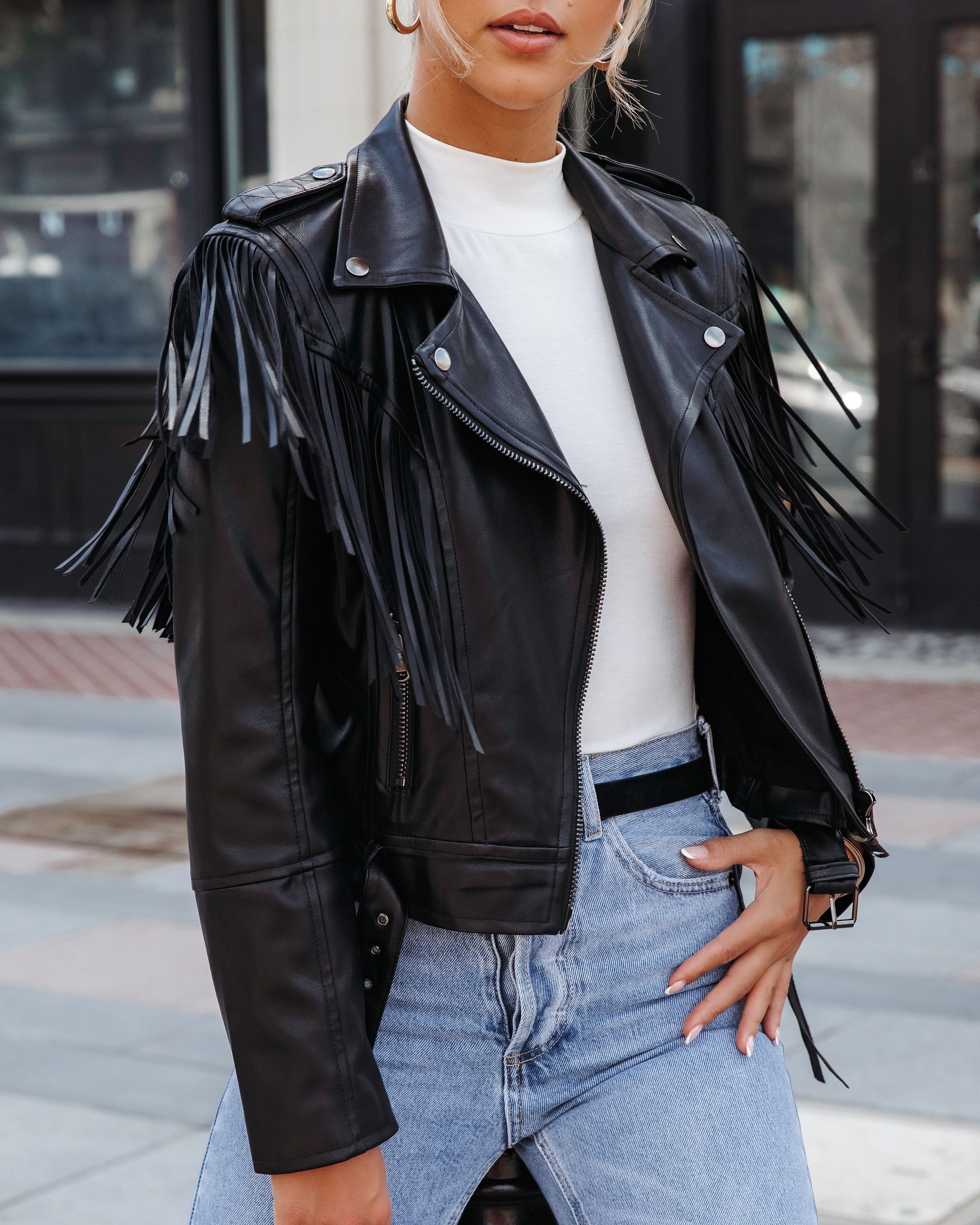 Running Wild Faux Leather Fringe Biker Jacket - Black