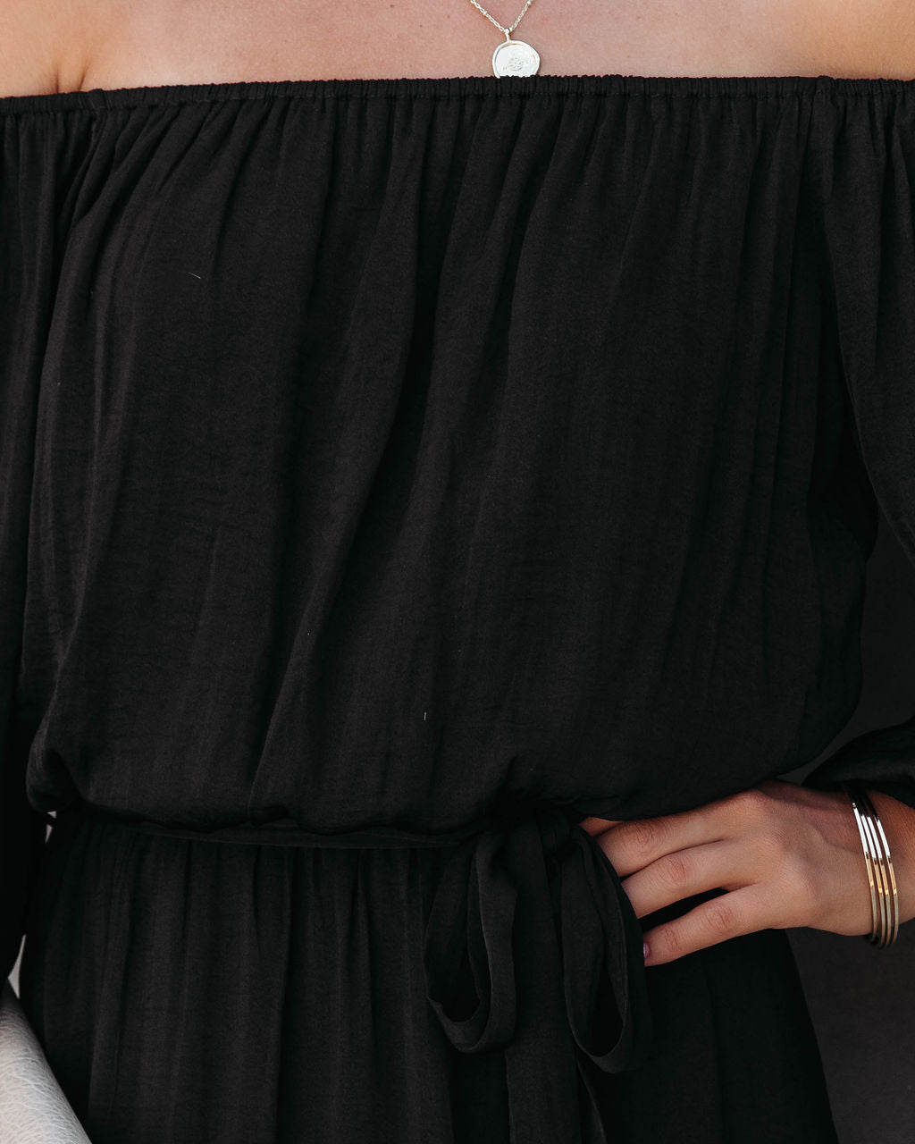 Echo Off The Shoulder Front Tie Midi Dress - Black
