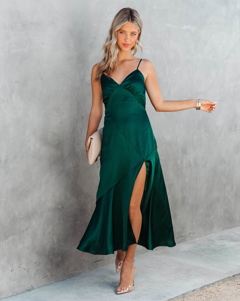 Just Go With It Satin Slit Midi Dress - Hunter Green