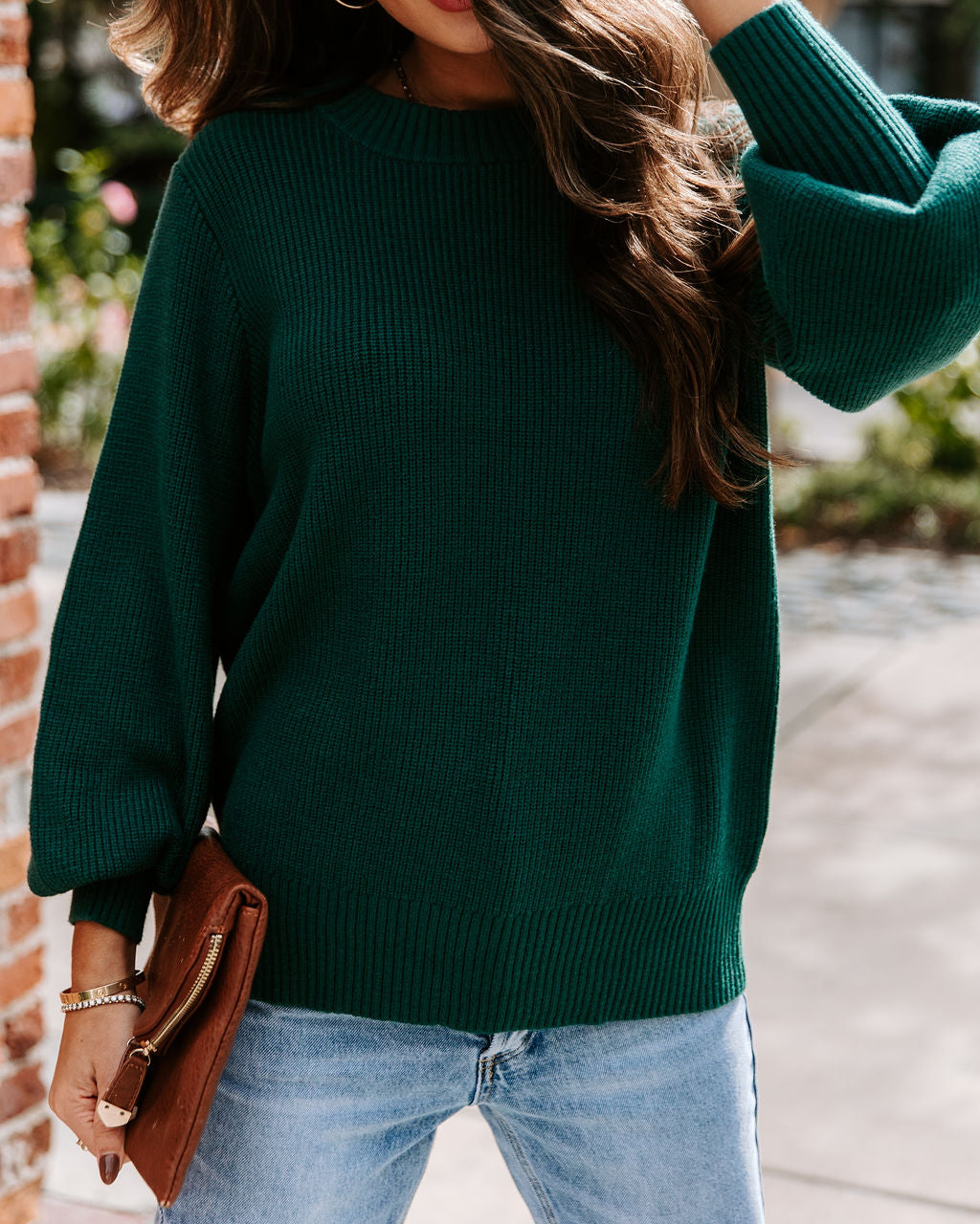 Baby It'S You Knit Balloon Sleeve Pullover Sweater - Hunter Green