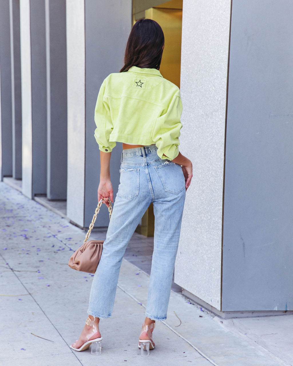Adaley Cotton Distressed Crop Corduroy Jacket - Lime - FINAL SALE