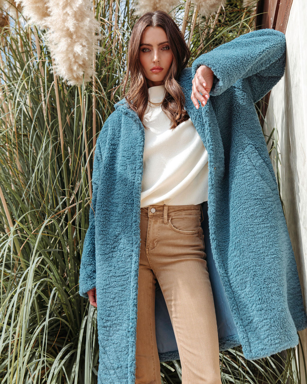 Of The Essence Pocketed Teddy Coat - Dusty Teal