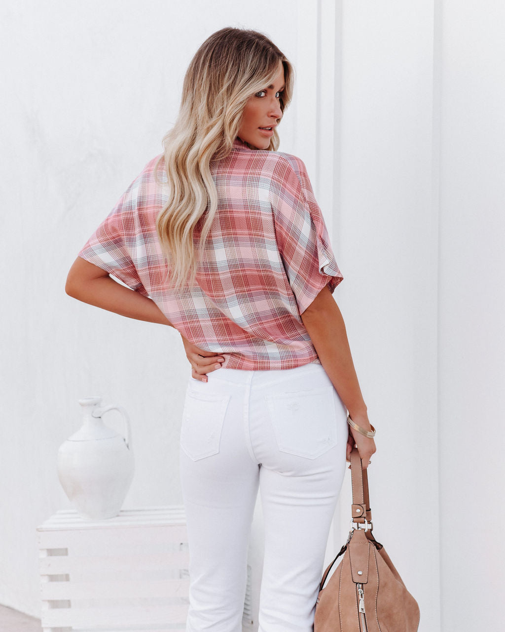 Gaia Plaid Button Down Tie Top - Blush - SALE