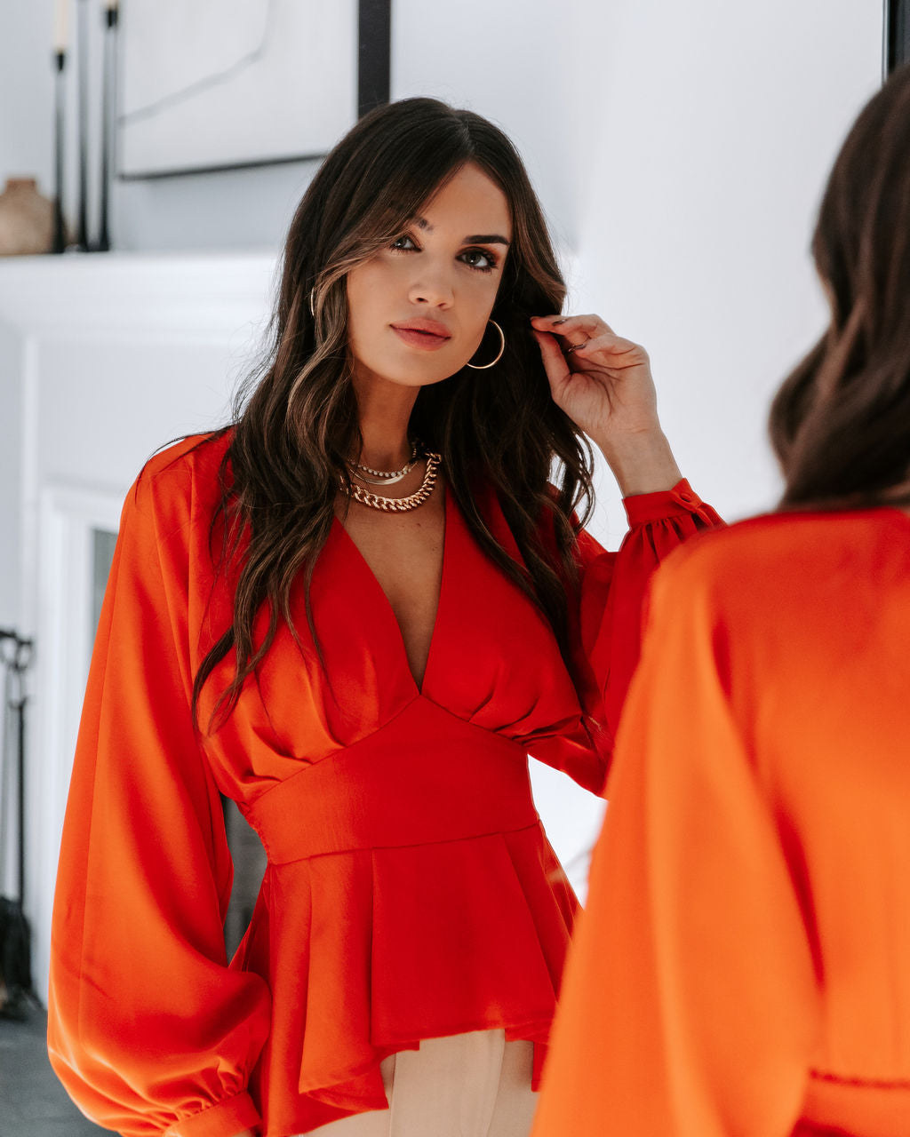 Gianna Plunge Neck Long Sleeve Top - Rust