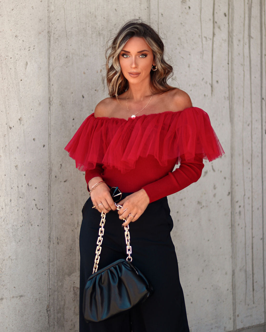 Picture Perfect Glam Ribbed Knit Ruffle Tulle Top - Red