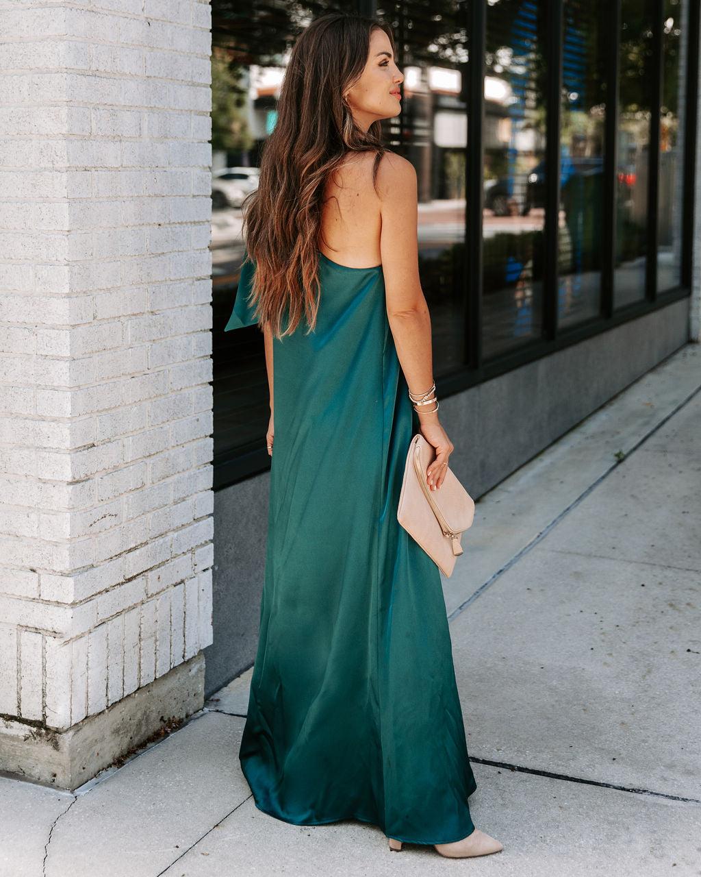 Invite Only Satin One Shoulder Maxi Dress - Dark Green