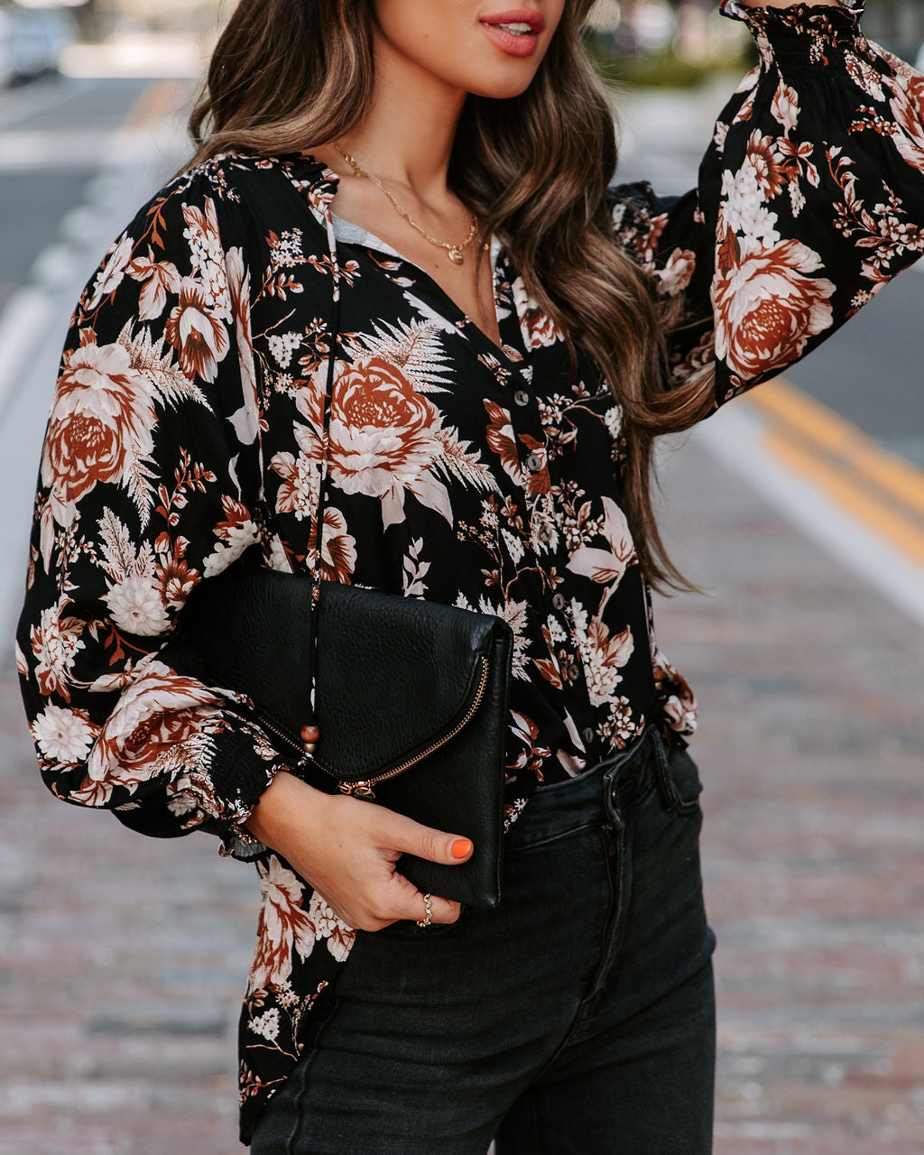 Crisp Fall Bloom Front Tie Button Down Top