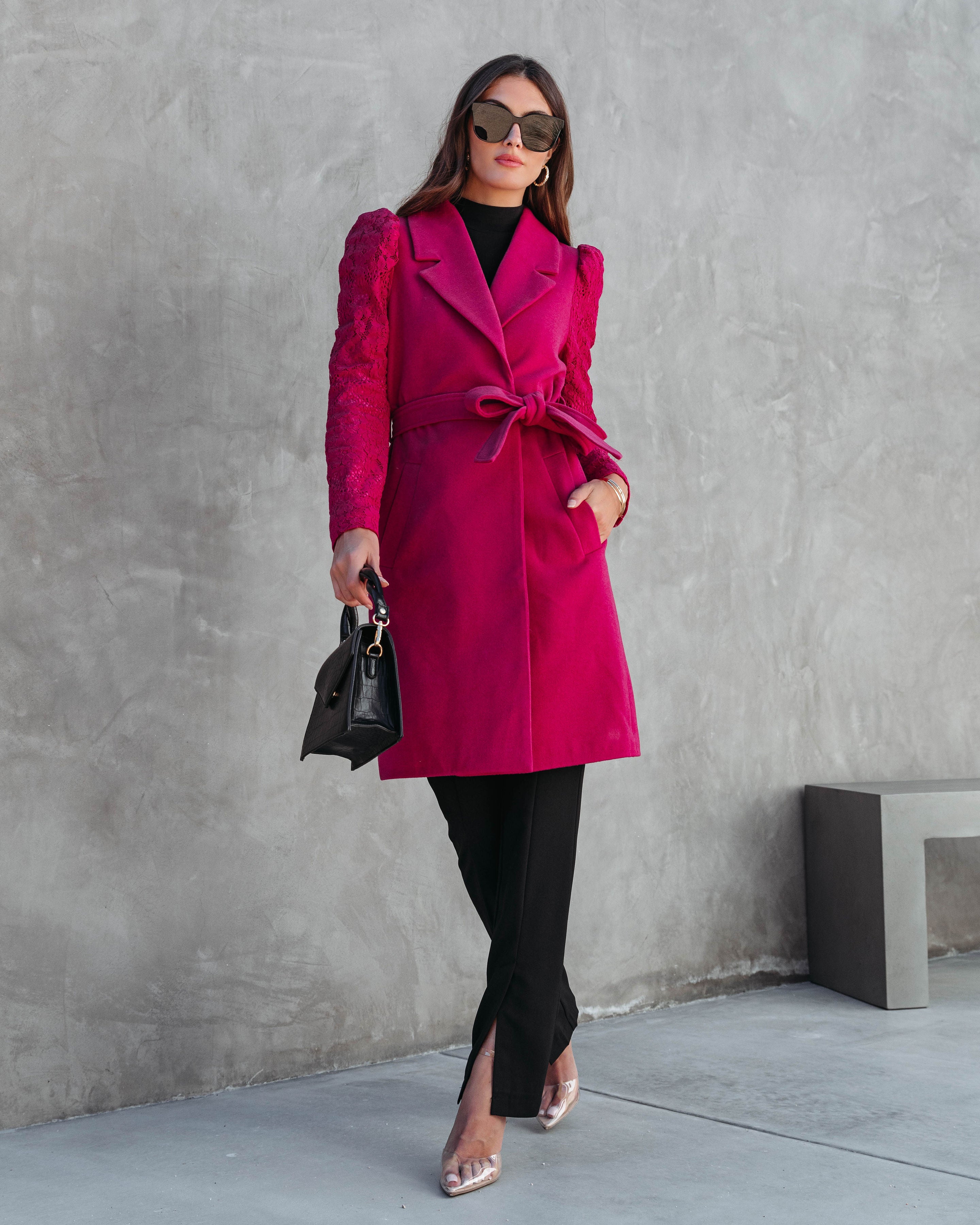Eileen Pocketed Lace Sleeve Coat - Berry