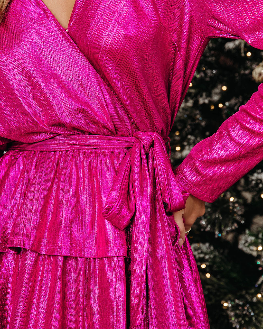 Irene Metallic Tiered Mini Dress - Hot Pink
