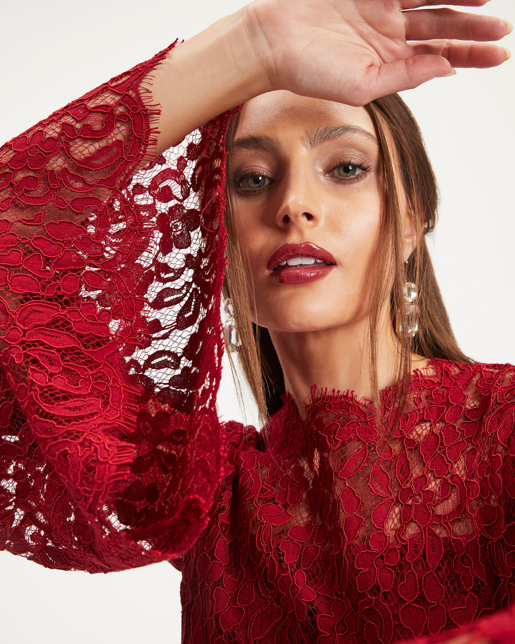 Love Story Baby Lace Bell Sleeve Midi Dress - Wine