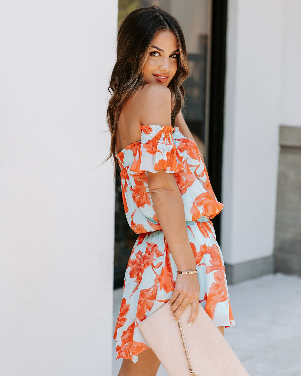 Yael Floral Off The Shoulder Smocked Dress - Aqua Coral - FINAL SALE