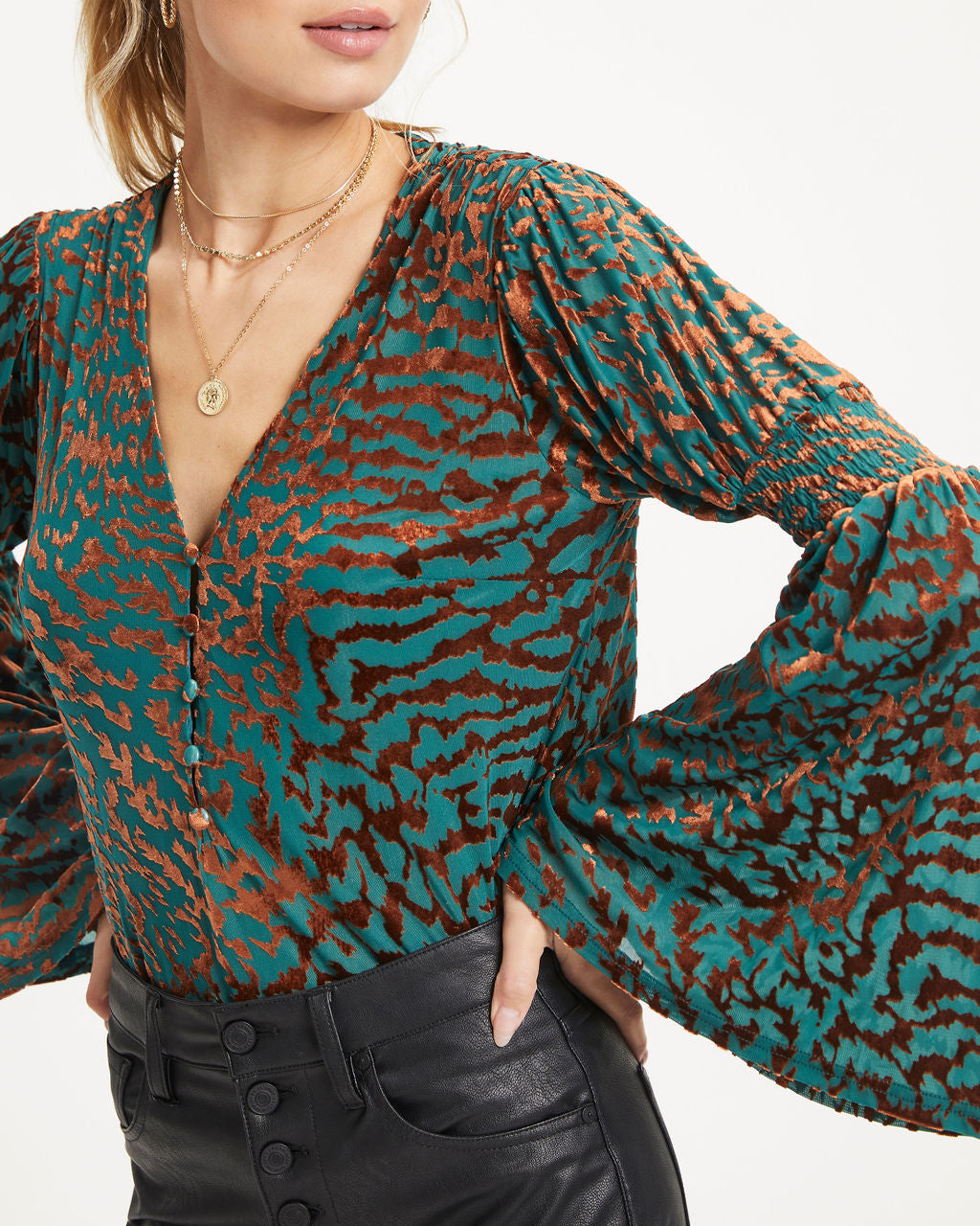 Annalisa Velvet Burnout Bell Sleeve Top - Green